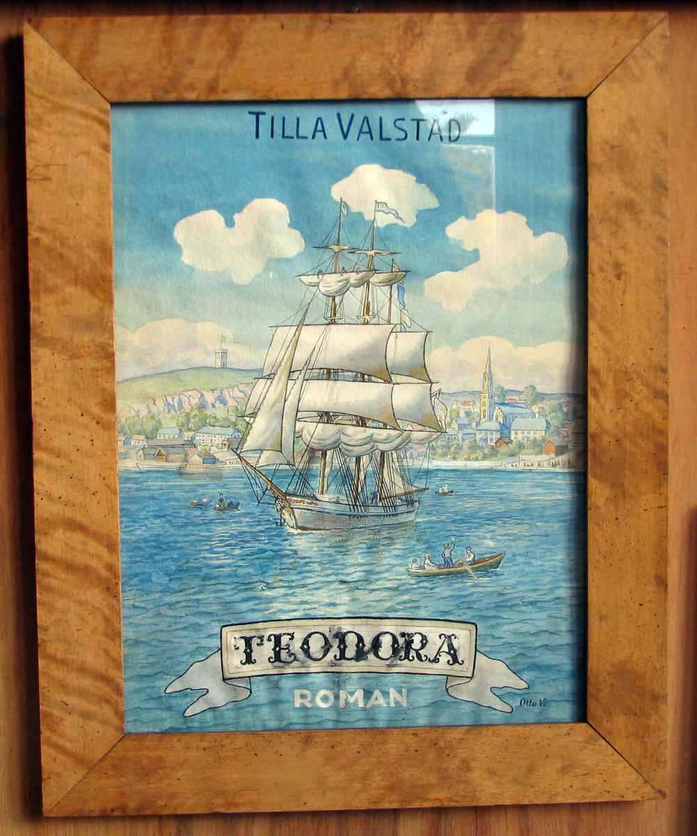 Rektangulær. Prospekt av Tønsberg; seilskip på havnen i  forgrunnen,  robåter. 

