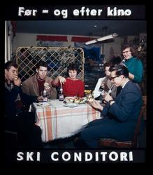 Kinoreklame fra Ski for kafebesøk. Før - og efter kino Ski C