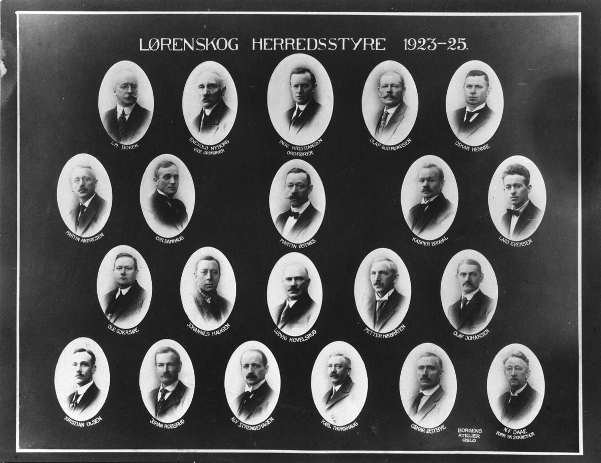 Portretter av de som var med i Lørenskog herredstyre 1923-1925.