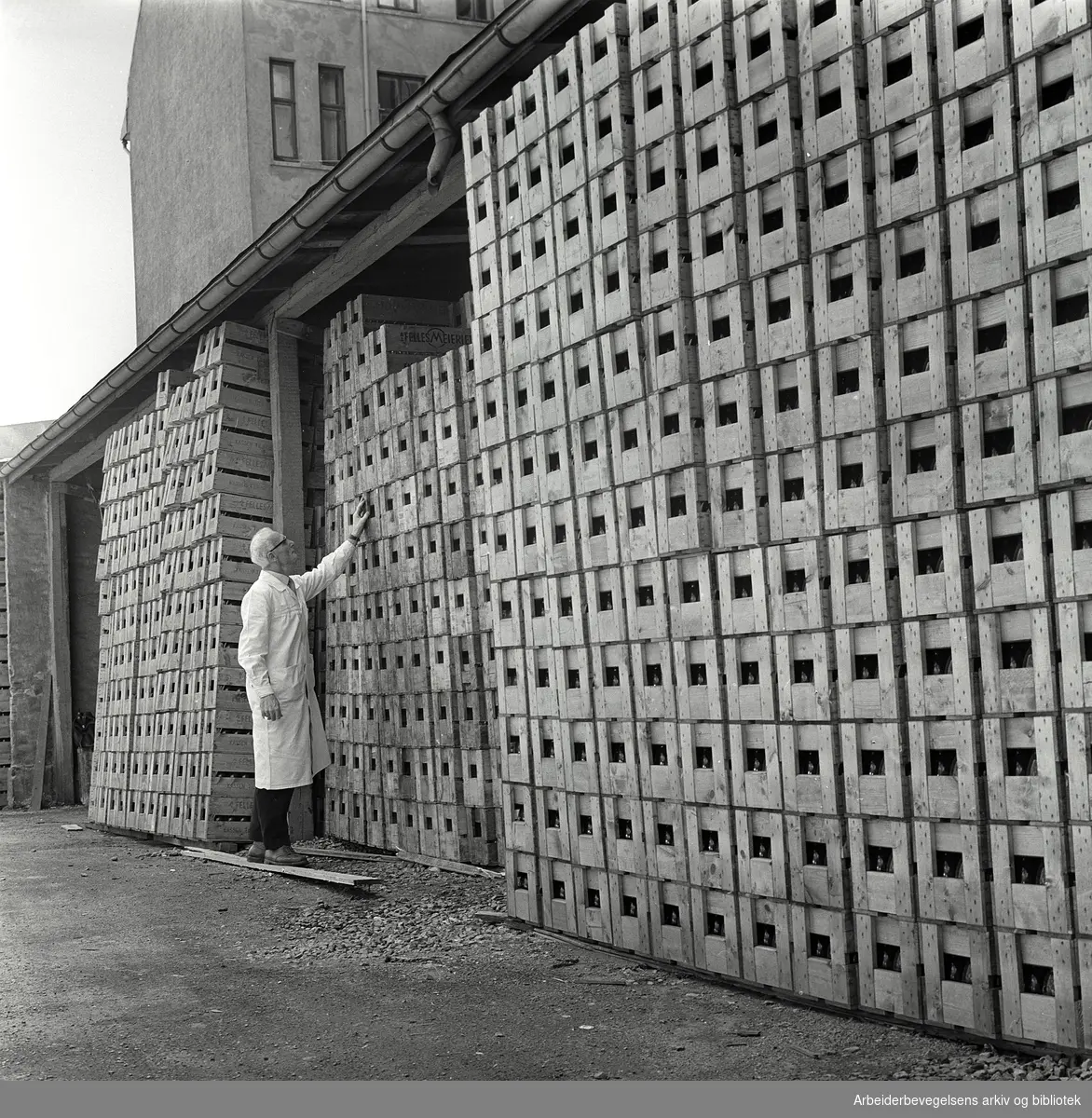 Brune melkeflasker på Fellesmeieriet, 3. juli 1962.