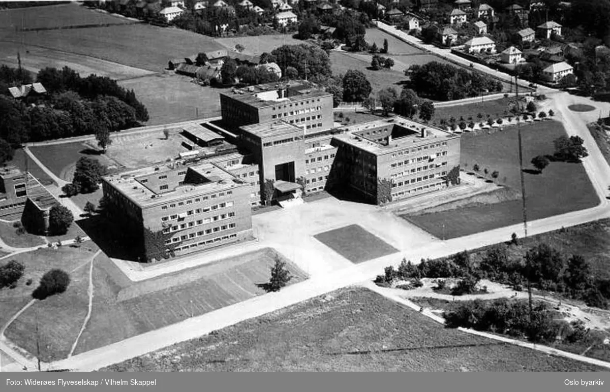 Universitet, Øvre Blindern gård, Blindernveien, Prestegårdsveien (Flyfoto)