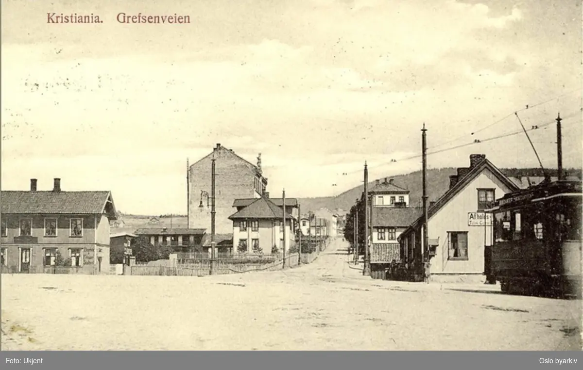 Grefsenveien oppover fra krysset ved Sandakerveien. Nordpolen, Sandakerplassen, Sandaker torg. Sandakertrikken (til høyre) hadde snuplass her, mens Grefsentrikken gikk videre i ett spor til Grefsen stasjon (fra 1902). Vi ser en "Afholds-Cafe" til høyre og "Barber & Frisør Salon" til venstre. Jordene til Storo og Lillo gård i bakgrunnen. Innover i bildet lå Hildisch garveri på høyre side, og helt bak i "synsranden" til venstre, der Birch-Reichenwalds gate stikker ut, lå Storo skole. Trikk, avholdskafe. Postkort.Grefsenveien 10 (høyeste bygg) ble bygget i 1903.