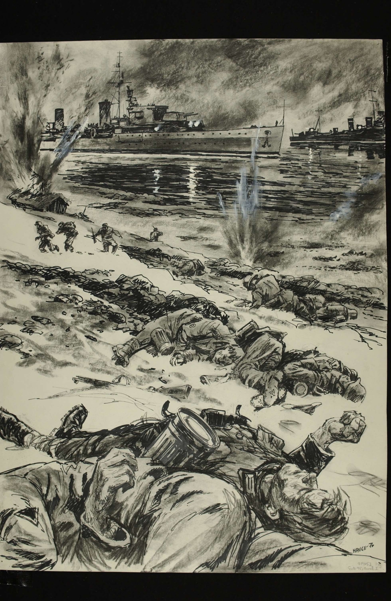 Krysseren Aurora og to jagere skyter det tyske bergjegerkompaniet ved Emmenes sønder og sammen 2. mai. Kampene i Norge 1940, bind 2, side 259.