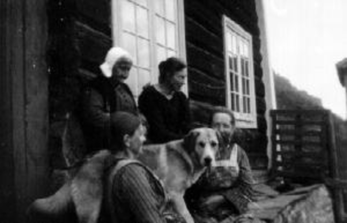 Ferietur til Fron, Fetlund gård, Sittende bak uten skaut er Kristine Eid. Fire damer med hund i trapp.