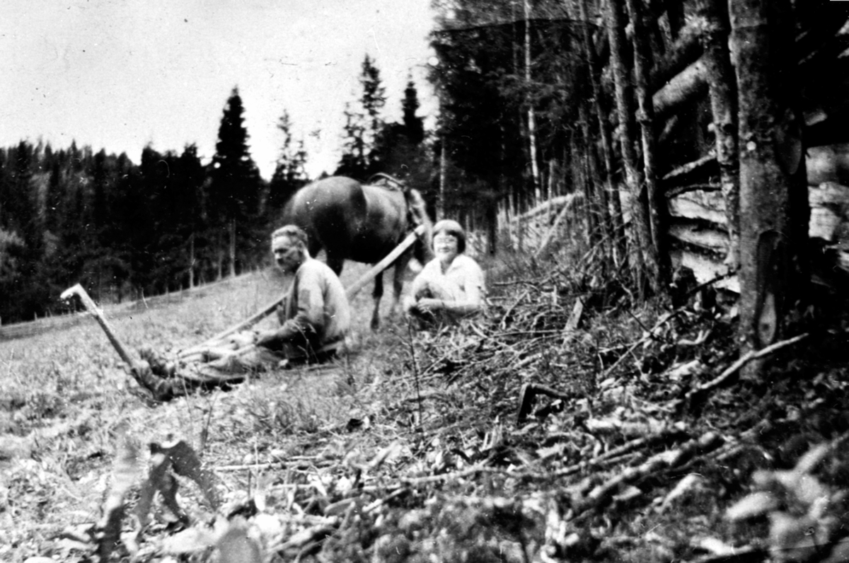 Hest med ard. Frants Raknerud (1881-1934) og Kitty Eriksrud tar en pust i bakken på Raknerud nordre, Helgøya.