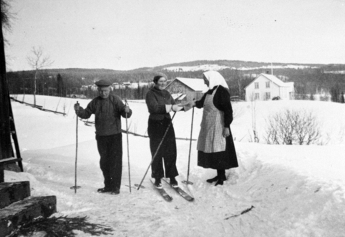 Fra venstre er Hans Vesteng og Signe Vesteng på ski. Syverine Vesteng med skaut og forkle. Vesteng, Furnes, Ringsaker.