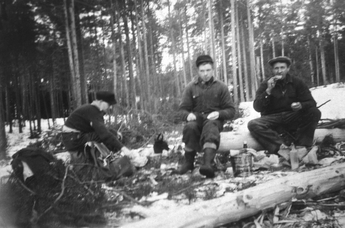 Matpause for tømmerhoggere i skogen i Askeåasen på Aske østre/mellom vinteren 1949. Fra venstre er Alf Kristiansen, Arne Johansen f.1928 og Einar Johansen (1895-1972) fra Ordersveen, Nes, Hedmark.