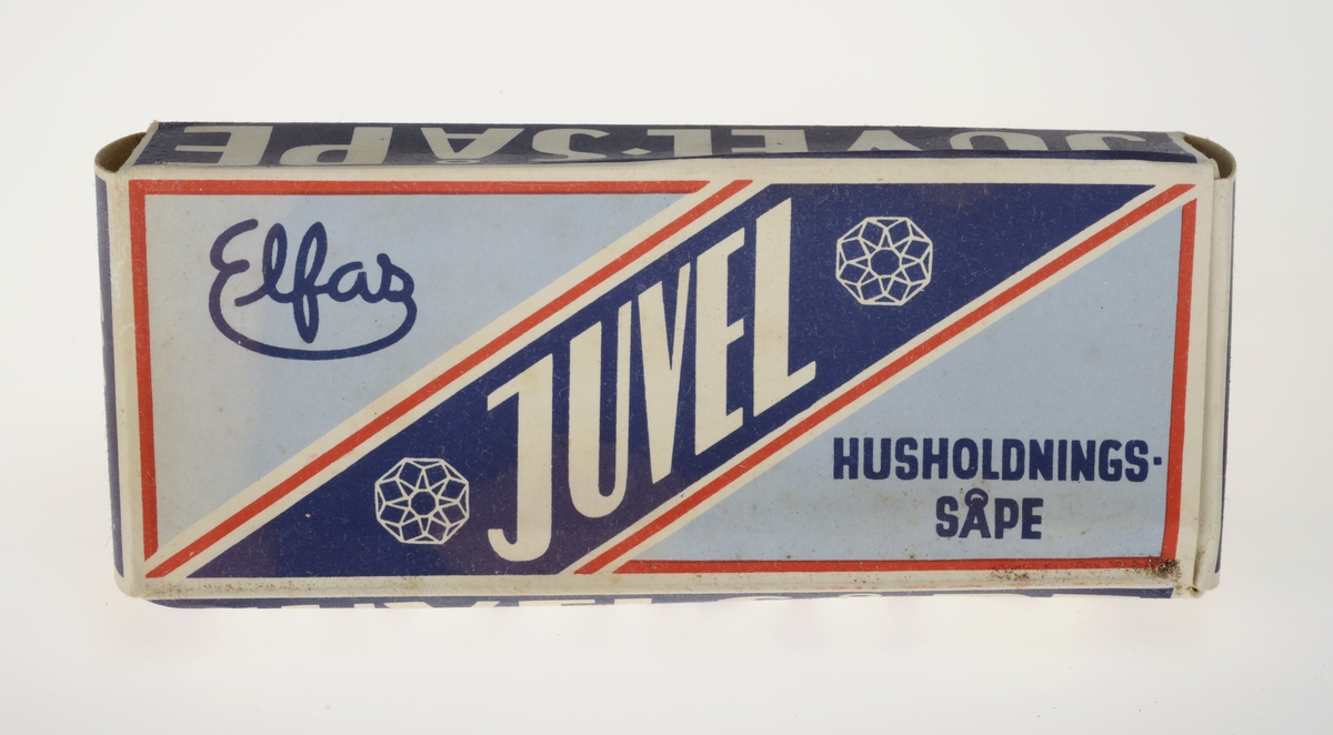Rektangulær pappeske med to såpestykker av merket Juvel. Bruksanvisning på baksiden med illustrasjoner, Juvel kan brukes til oppvask og husvask, storvask, kulørt tøy, ull og silke.