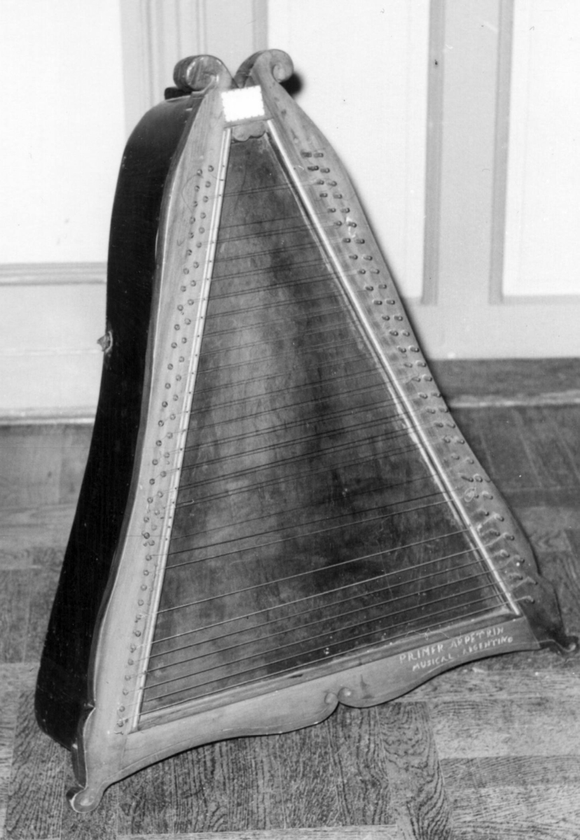 Pyramideformet harpe. Eg.et stort psalterium. 57 metallstrenger. Strengene strukket tvers over klangbunnen, stemmes ved hjelp av  klaverskruer på den ene siden. Den svingende strengelengden  avgrensess ved to smale metall-lister. på undersiden to runde lydhull.