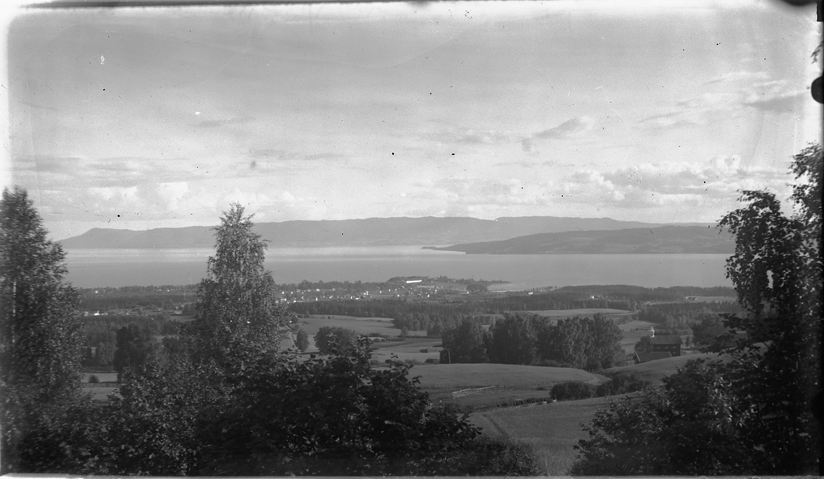 Hamar sett fra Hedmarktoppen, utsikt, Mjøsa, landskap. Storhamar, Hamar vest, Hol gård til høyre,