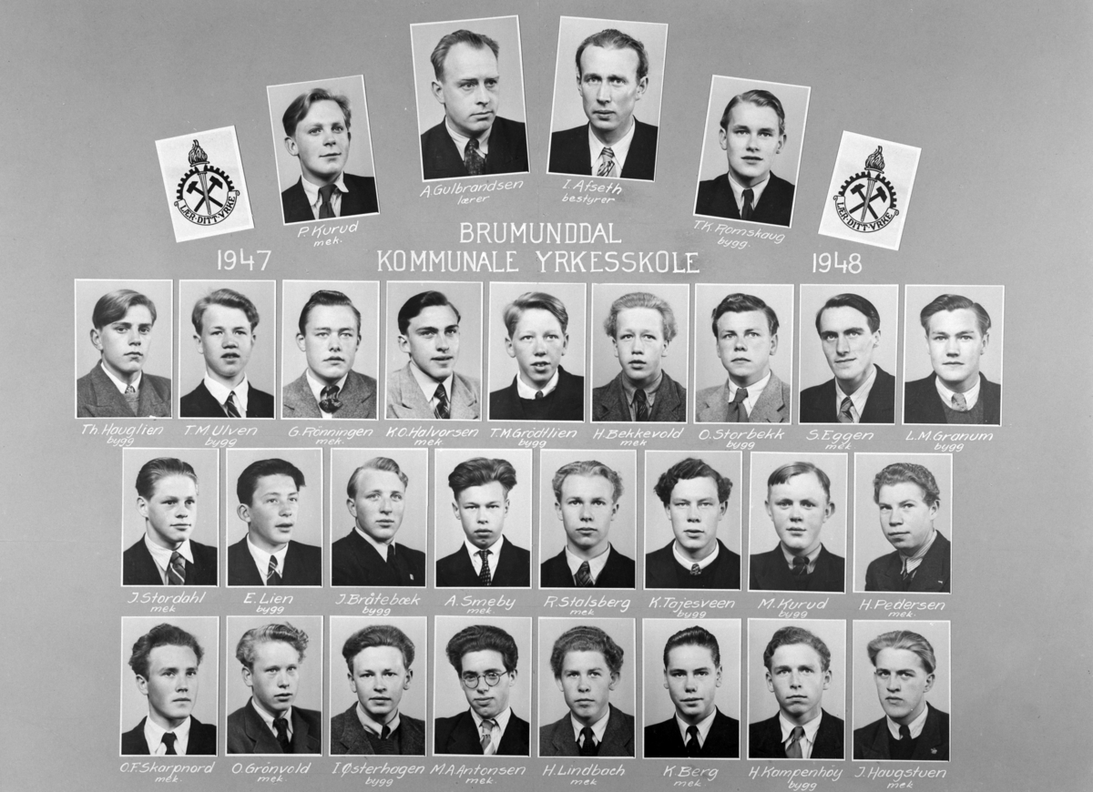 Gr: 29 skoleelever, Brumunddal Yrkesskole i Ringsaker, montasje. 1947-1948. 

Øverst fv: P. Kurud (mekaniker), A. Guldbrandsen (lærer), I. Afseth (bestyrer), T. K. Romskaug (byggmester). 