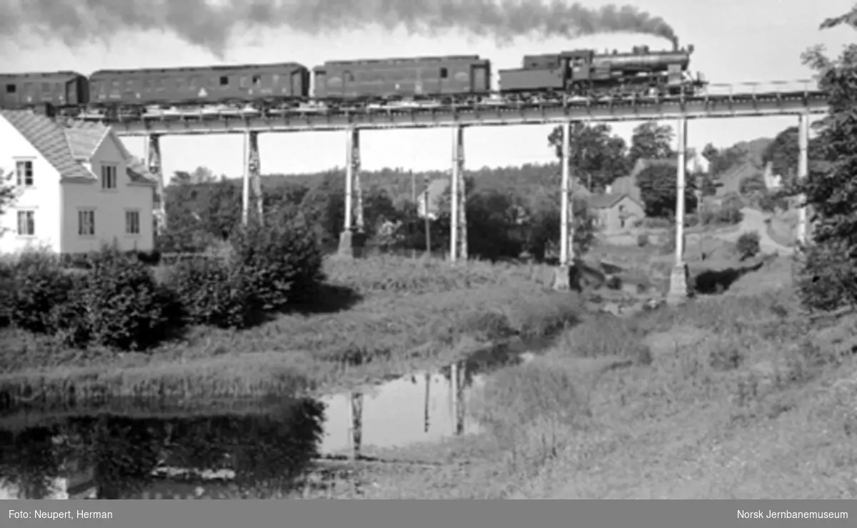 Damplokomotiv med utenlandstog på Hølen viadukt