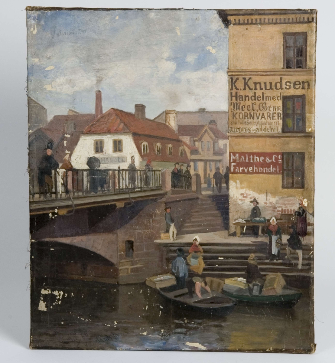 Utsnitt fra Vaterland med Akerselva, Vaterland bro, bygninger og personer - på broen og i båt.