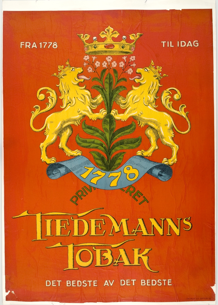 Fremtredende i plakatens motiv er Tiedemanns våpenmerke og årstallet 1778 
