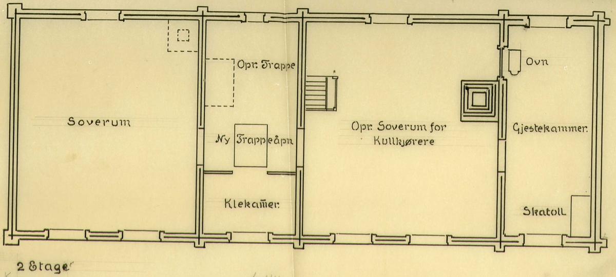 Tegning av grunnplan for 1.og 2. etasje i våningshus, Odden, Narjordet, Os., Hedmark.