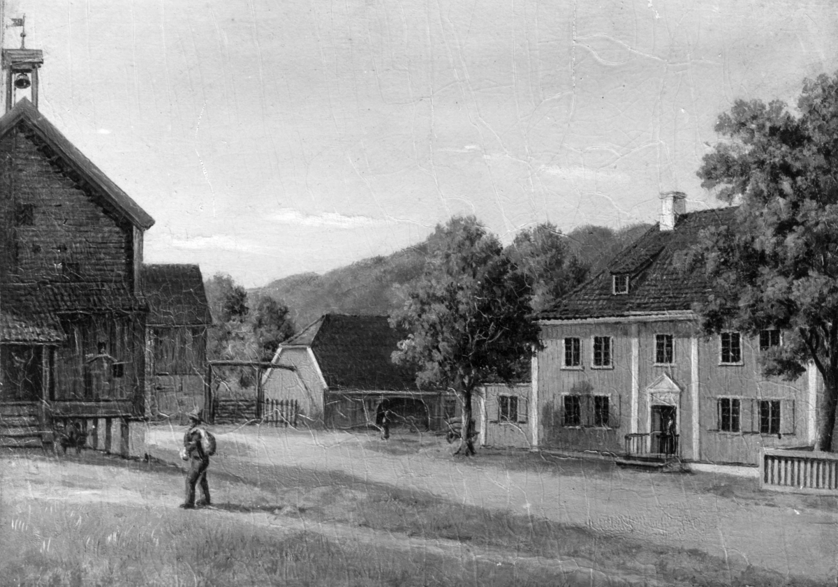 Vøien, Bærum. Avfotografert maleri av bygningene og tunet. malt av W. Boesen ca. 1840.
