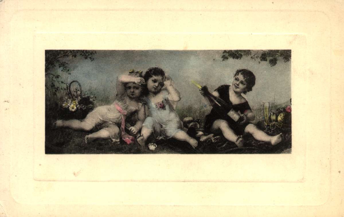 Postkort. Jule- og nyttårshilsen. Tre barn sitter på gress. De har med seg mat og drikke. Datert 24.12.1901.