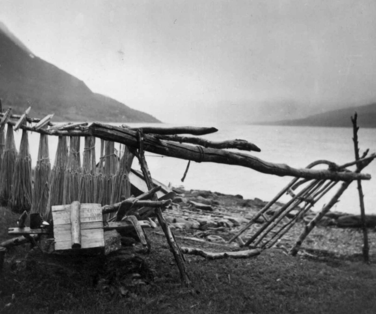 Garnhjell med fiskegarn, en kjelke står lent opp mot stativet. Stordalen 1948.