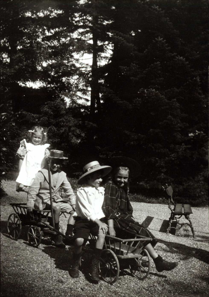 Gruppeportrett, Sveits. Barn i lek med trevogner.
Ant. fra serie fotografert av kammerherre Fredrik Emil Faye (1844-1903), Dal gård, Ullensaker.