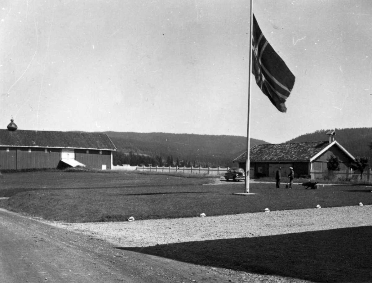 Haugrim, Aurskog, Akershus 1954. Uthus og gårdsplass med flagg på halv stang.
Fra dr. Eivind S. Engelstads storgårdsundersøkelser 1954.