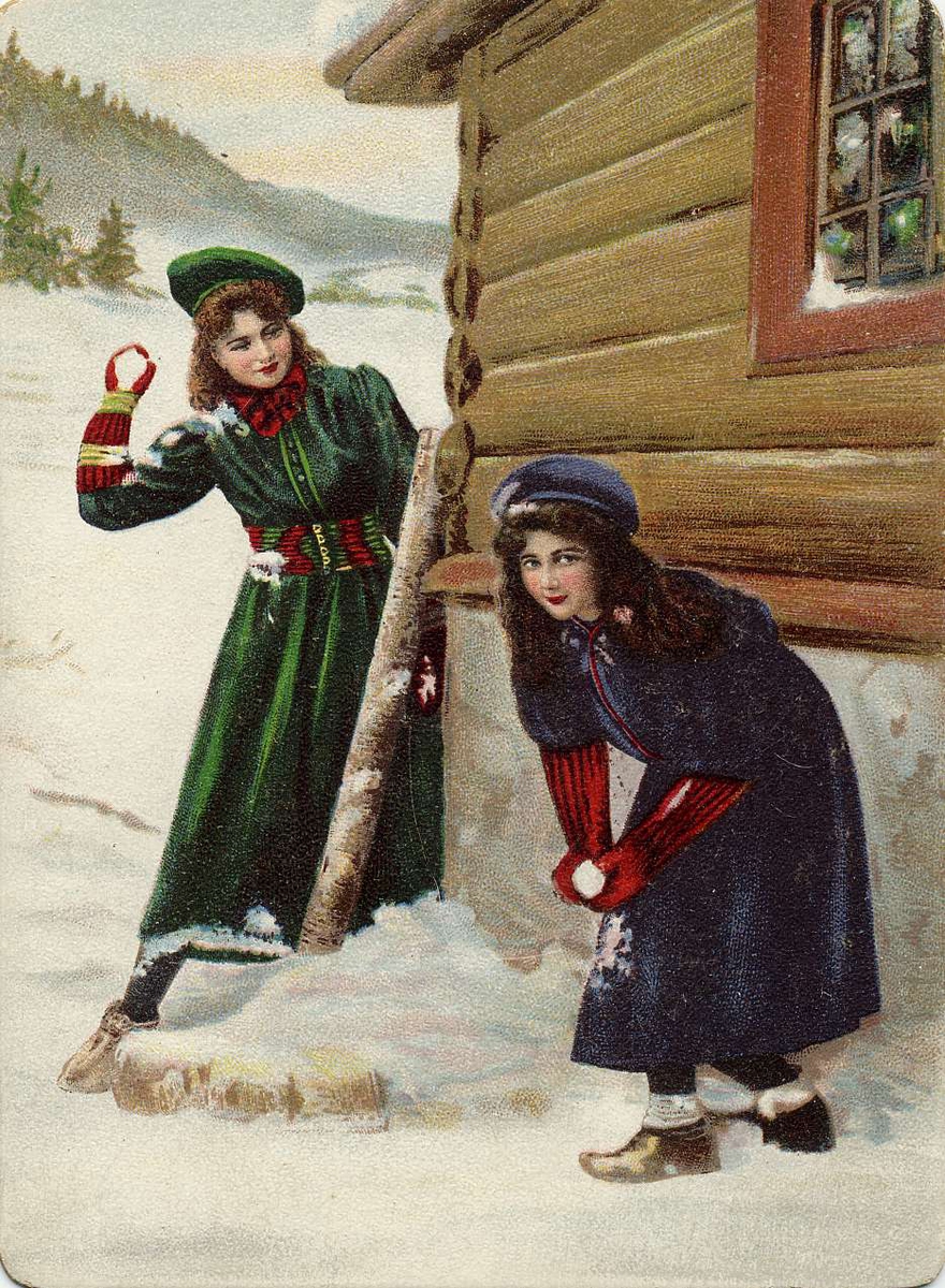 Postkort. Nyttårshilsen. To unge kvinner kaster snøballer ved hytte i vinterlandskap. Datert 31.12.1899.