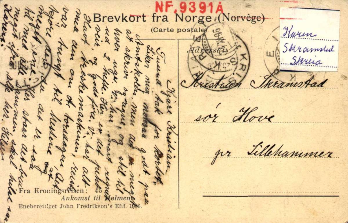 Postkort. Fotografisk motiv. Fra Signingsferden. Mølmen, Trondheim. Stemplet Kristiania 24.10.1906