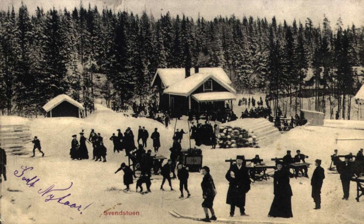 Postkort, Nyttårshilsen. Fotografisk motiv. Vinter med skiløpere på Svendstuen. Signert 22.01.1907.