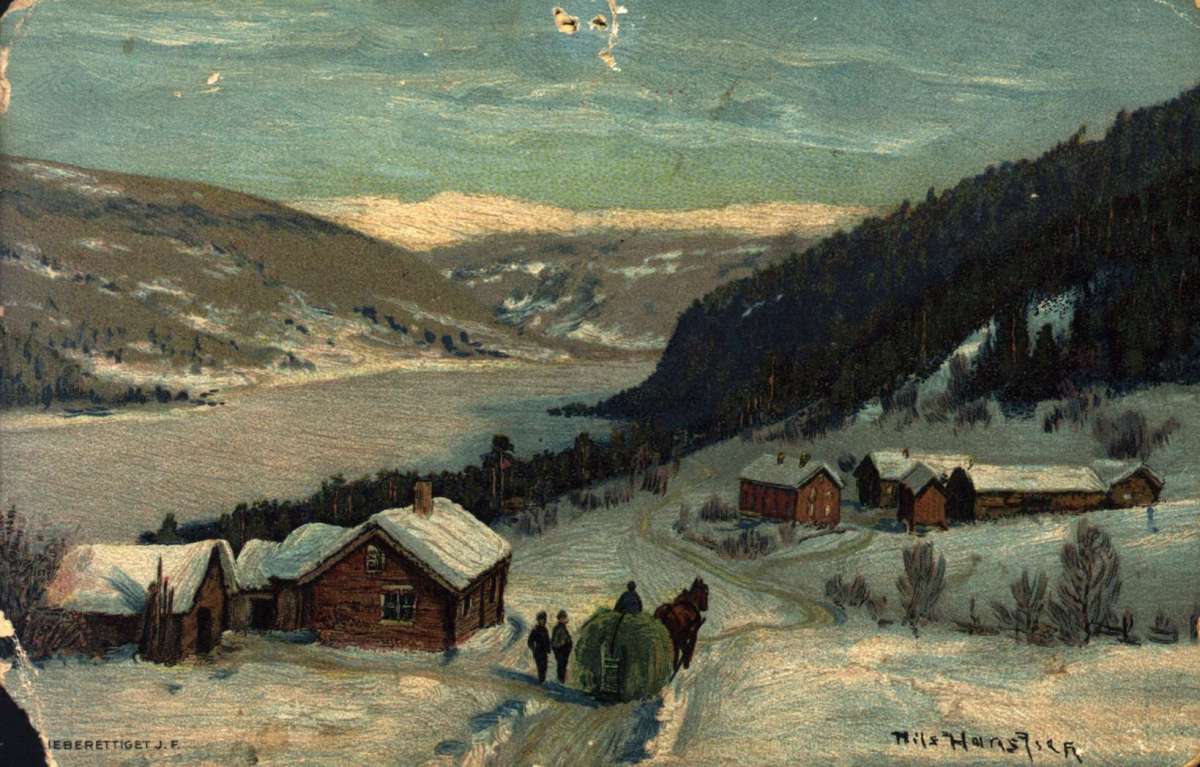 Postkort. Jule- og nyttårshilsen. Vintermotiv. Landskap. Hest og slede med høy. Datert julen 1903.