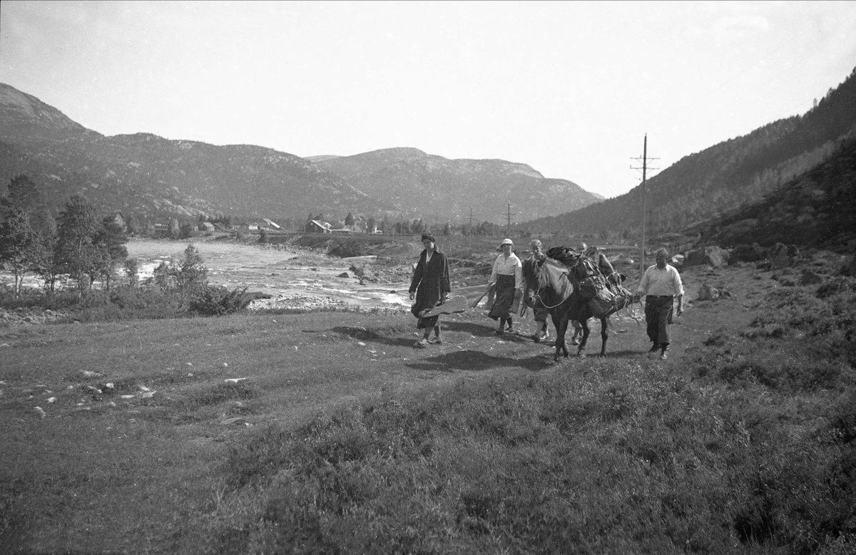 Familien Arentz og familien Gunderson på veien langs Holmstølvatnet på vei til Homstøl med kløvhest. Bebyggelse i bakgrunn. Fotografert 1934.