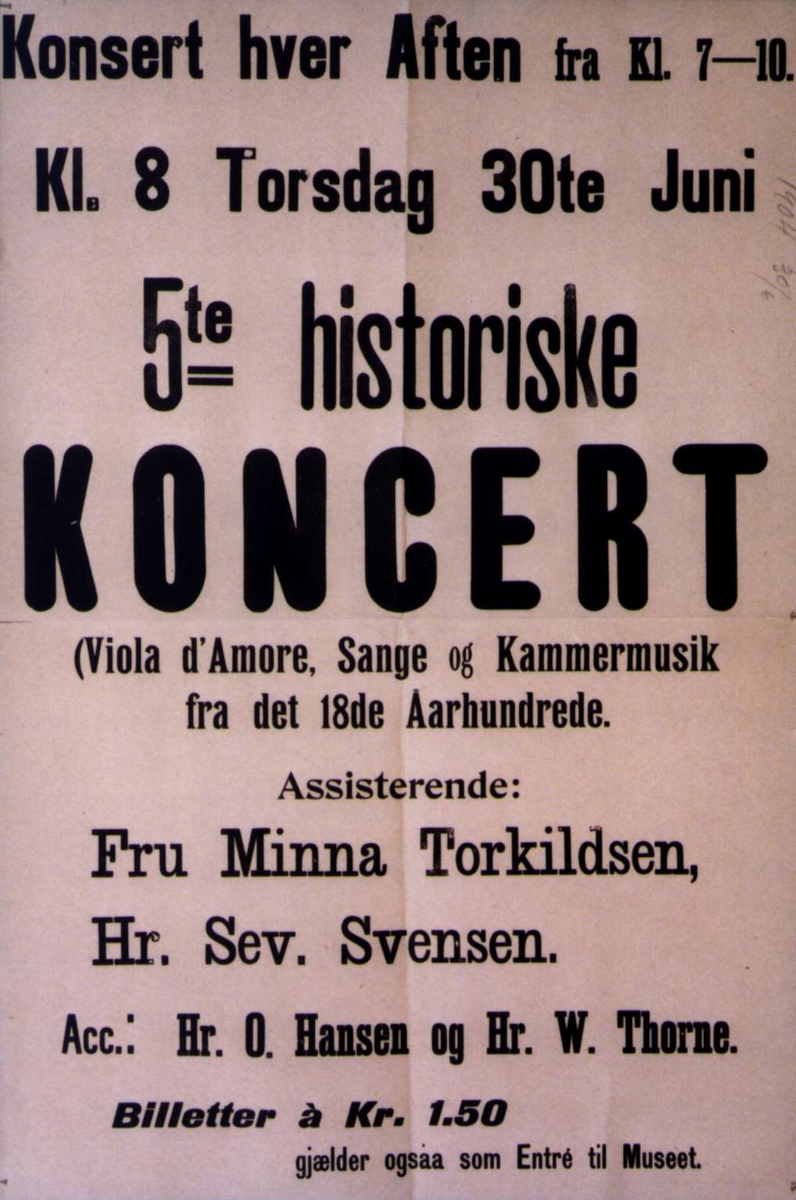 Plakat. Historisk konsert på Norsk Folkemuseum i 1904.