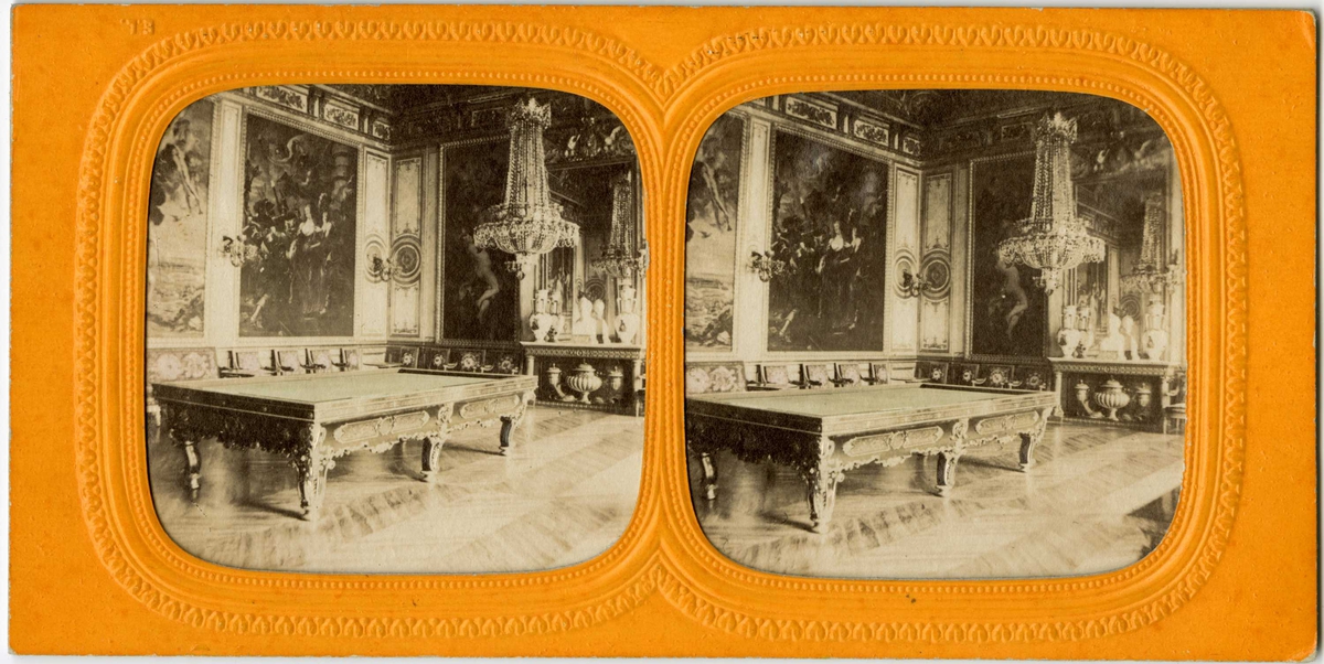 Stereoskopi. Interiør fra Salon de Poillard i Chateau de Cloud, Frankrike.