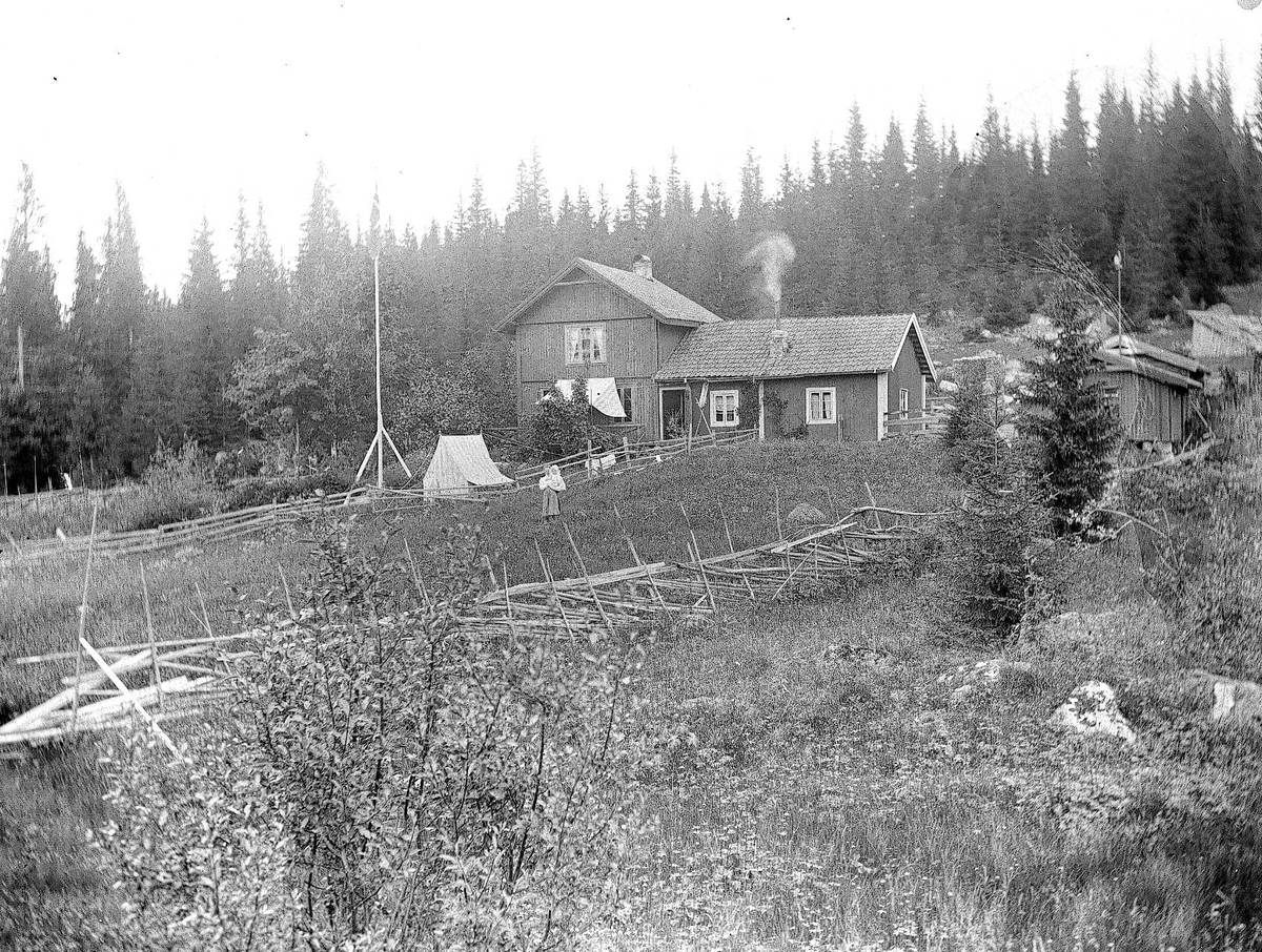 Holoa seter, Hadeland. Huset, setervollen og Margrethe Q. Wiborg med ...