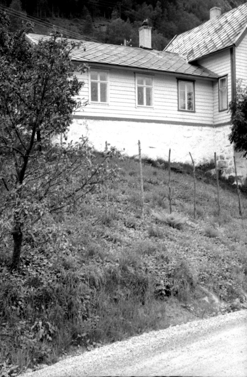 Sværefjord, Balestrand, Sogn og Fjordane. Skolehus og lærerbolig sett fra vei på nedsiden. Registrering utført 1958-59 av Johan Schiong for Noregs Lærarlag. 