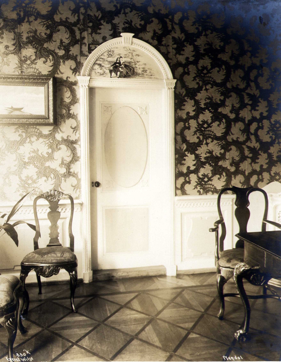 Interiør, Halse, Mandal, Vest-Agder. Fotografert 1912. Konsul Bugges villa.