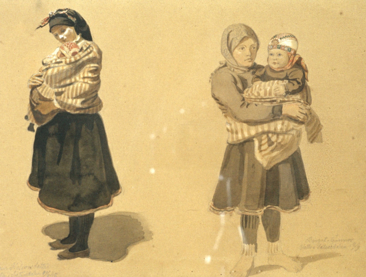 Avfotografering. Kvinnedrakter Setesdal 1848. Akvarell av A. Tidemand. Valle, Setesdal.
