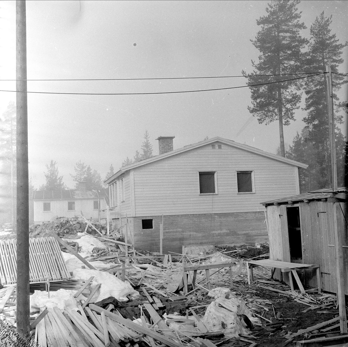 Hus i skogholt, ukjent sted, mars, 1959.
