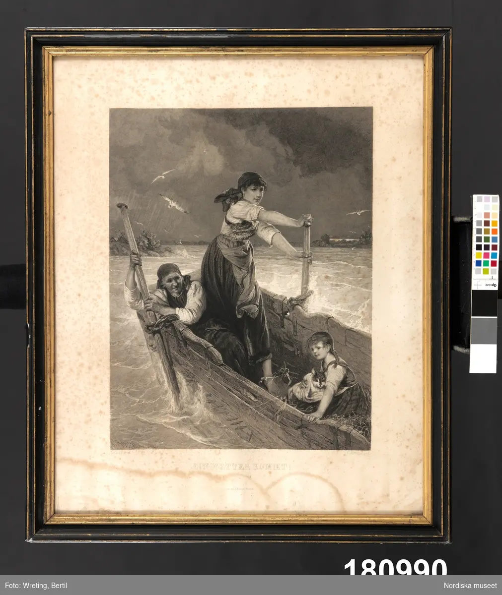 Kvinnor, barn och en katt i en båt.