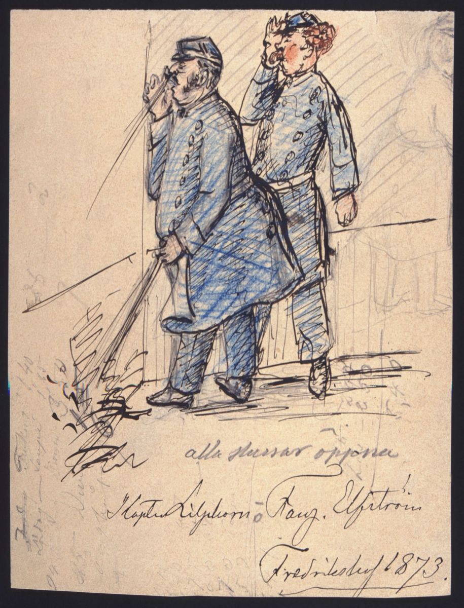 "Alla slussar öppna". Två män i uniform, Fredrikshof 1873. Teckning av Fritz von Dardel.
