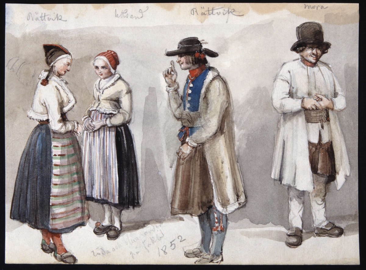 Två kvinnor och två män i allmogedräkter från Rättvik, Leksand och Mora. Akvarell av Fritz von Dardel, 1852