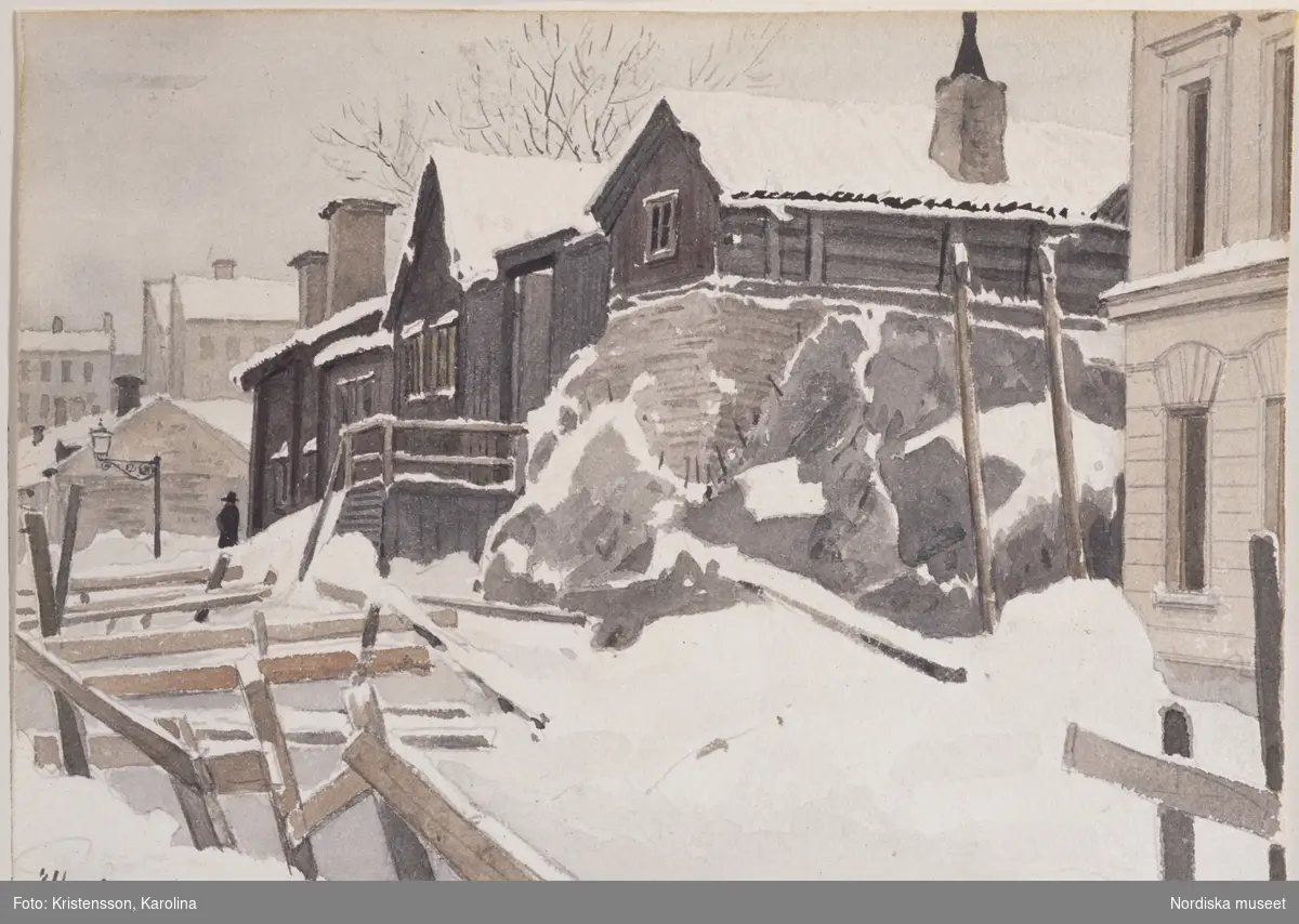 Akvarell av A.T. Gellerstedt från 1870. Stockholmsvy från Östermalm, Kvartersgatan (nuvarande Linnégatan i vinterskrud. Vid en lyktstolpe står en ensam man i snön. Signerad 31/1 70 ATG.