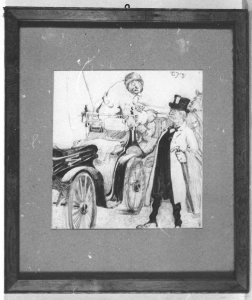 Vagn med kusk, en äldre (borgerlig) man står nedanför vagnen.