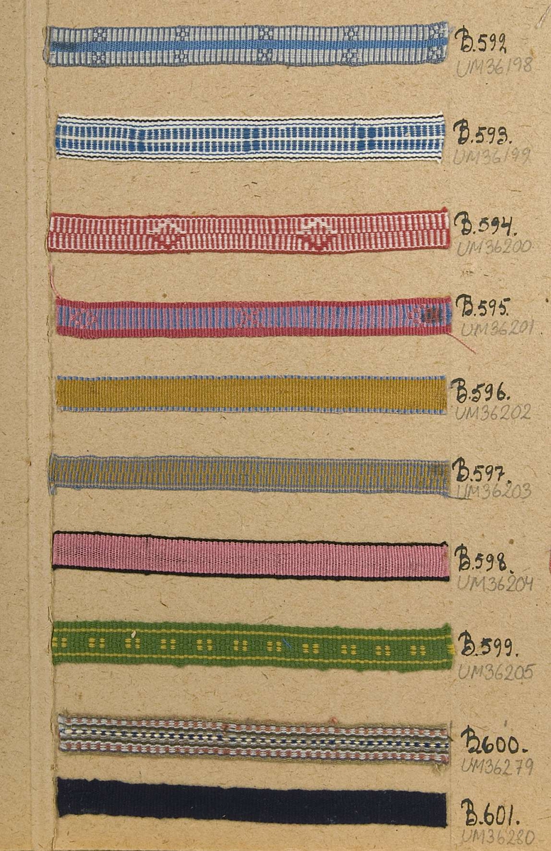Vävprov av mönstrat band i blått och rosa. Bandet är av konstfiber eller merceriserad bomull och det har nummer B.595.