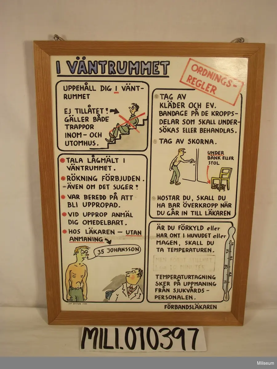 Tavla över ordningsregler "i väntrummet" från militärsjukhuset i Eksjö
