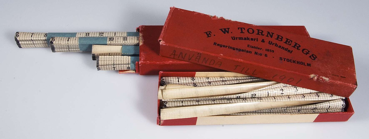 Ett stort antal remsor av papper, rutnätsmönstrade samt tryckta siffror: 6, 7, 8, 9, 10, 11, 12, 1, 2, 3, 4, 5, 6. Pappersremsorna förvaras i två askar av röd papp. På locken texten: F.W. TORNBERGS Urmakeri & Urhandel, Etabler. 1859,  Regeringsgatan N:o 6 - STOCKHOLM. På ena förpackningen påskrift i blyerts: REMSOR FÖR NATTVAKTSKONTROLL LÖVSTA ANVÄNDA TILL 1901.