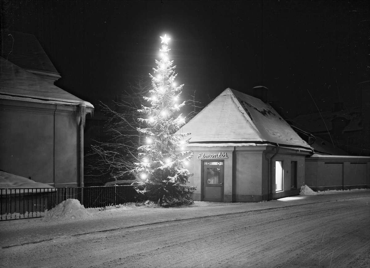 Julgran på Sysslomansgatan, utanför Akademikvarnen, Uppsala 1932