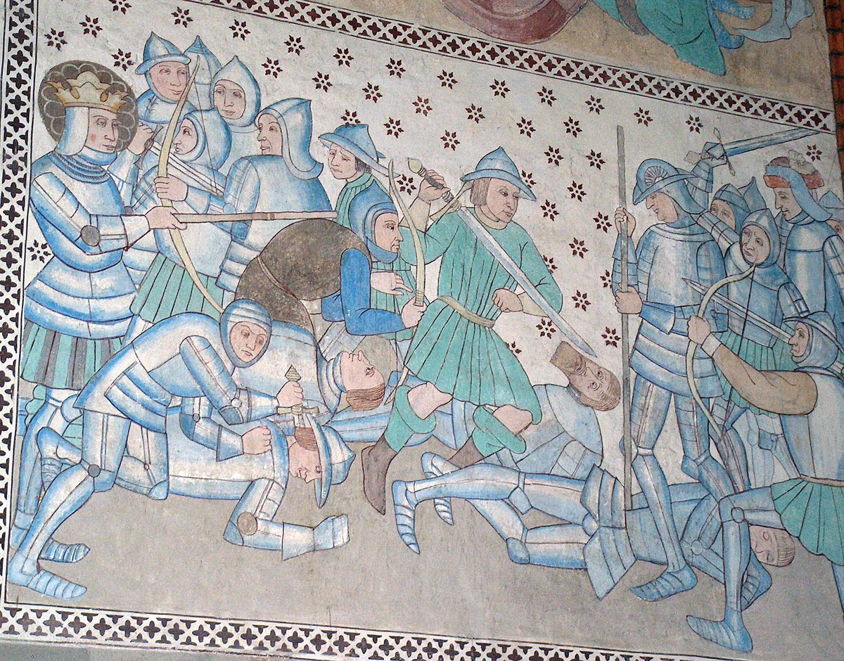 Sankt Eriks sista strid och martyrium. Felaktigt restaurerad scen på västväggen i det De Geerska koret, Uppsala domkyrka, Uppsala 2007