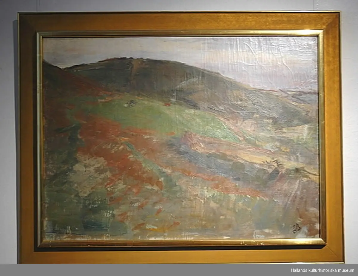 Oljemålning av Richard Bergh vid Varberg ca 1900. Titel: "Kuperat landskap". Motiv landskap med  kullar. Bildmått: bredd 72 cm, höjd 53 cm.