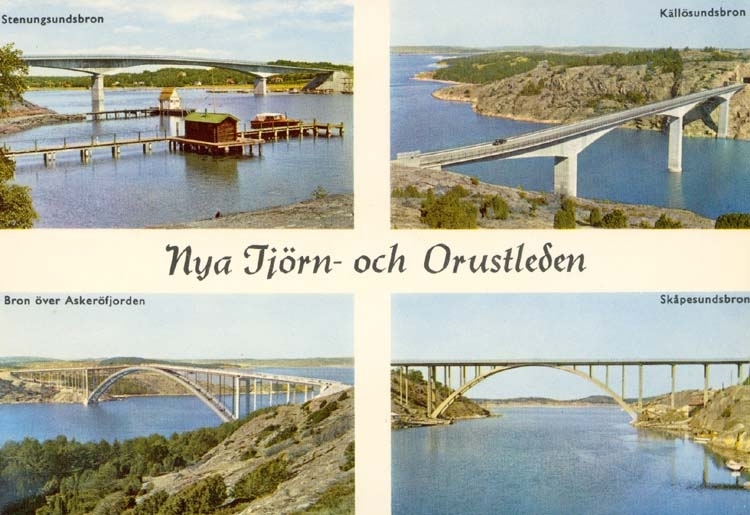 Tryckt text på kortet: "Nya Tjörn- och Orustleden."
"Stenungsundsbron. Källösundsbron. Bron över Askeröfjorden. Skåpesundsbron."