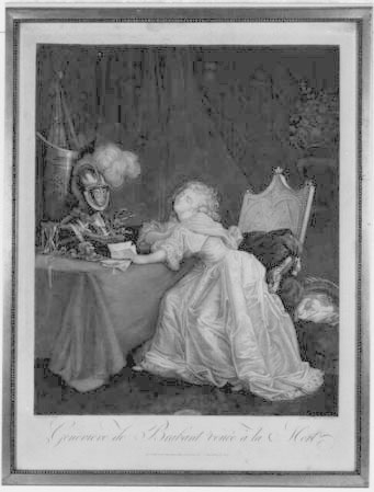 Kvinna sittande vid ett bord med ett brev i handen och ett smärtsamt uttryck i ansiktet. I en vagga vid hennes sida ligger ett litet spädbarn.