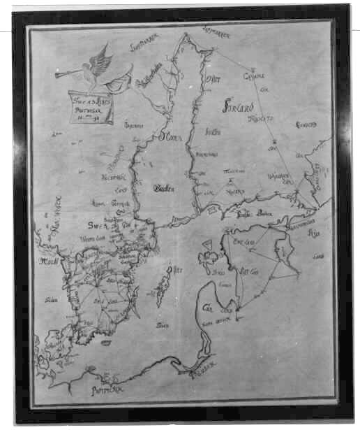 Kopia på karta över postvägarna i Sverige år 1698. Originalet finns hos Enigma (Danska Post- och Telemuseet), Köpenhamn, Danmark. Kartan är målad på papper och uppklistrad på väv. Inramad i brun träram.